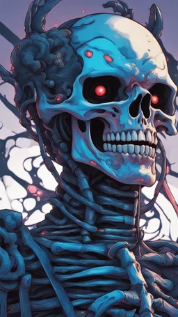 a close up of a person with a skull on their head, blue and black colors, anime skull portrait man, scary detailed art in color, hiroyuki-mitsume takahashi, nychos art aesthetic, half man half skeleton, anime cyberpunk art, colored manga art, rossdraws pastel vibrant, hot colors. insanely detailed, beautiful anime portrait, stunning anime face portrait, scary art in color