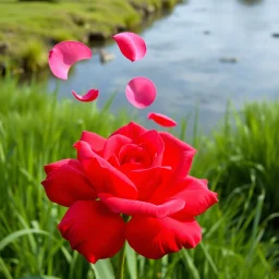 A Realistic Beautiful Red Rose With Pink Petals Whirling In Air, Green Grass With Nature Riverside Background.