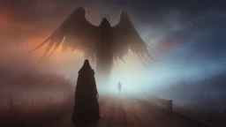 walking straight ahead over a wooden bridge, holding the angel of death with your right hand, entering the fog at the end of the road that leads to the afterlife, and a beautiful sunset and galaxy's behind the fog, realistic