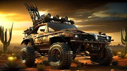 Offroadcar style mad max, 6 eheels, brown color, sunset, hyper realism, extrem detailed