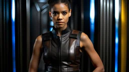 Maisie Richardson-Sellers as Matilda Harris, Doctor Who companion, sleeveless black leather outfit.