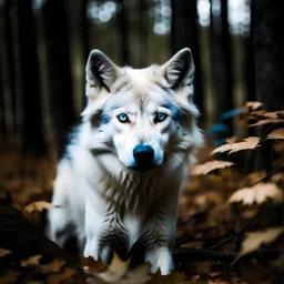 ذئب ابيض بعيون زرقاء وسط غابة