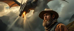 master oil painting by Rembrandt, close up portrait of farmer in valdres below raging dragon, light beams through volume fog sky in mountain pass, dragon cast spells of lightening