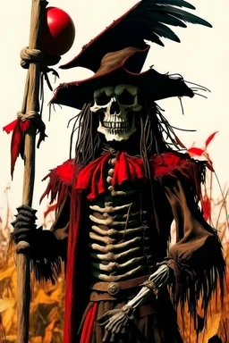 A red skeleton dressed as a pirate