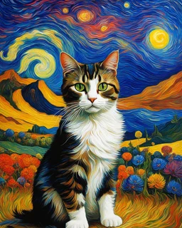 Cat in van gough painting psychedelic painting color art