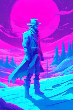 winter scene, abstract, vaporwave, gunfighter