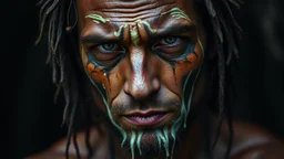 wild man with slime on face looking like tribal tattos, portrait, darkness