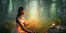 detailed beautiful african lady meditating at night with candles in a enchanted forest, fotorealistic, high quality, landscape, 17, chalice well