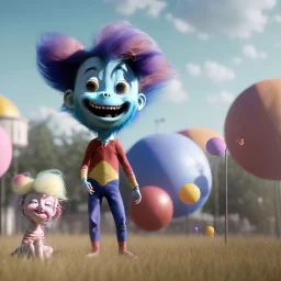 Ultra realistic circus scene. Sweet hair monster and Child’s playing, smile, happy, color bubbles, smooth color, waist up view, Wes Anderson style, dark ambient, highly detailed, concept art, unreal engine 5, god rays, ray tracing, RTX, lumen lighting, ultra detail, volumetric lighting, 3d, finely drawn, high definition, high resolution.