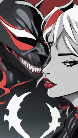 A close picture to Mix between Harley Quinn and venom symbiote with white hair in solo leveling shadow art style