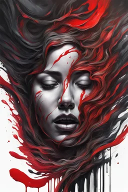 Black and red Paint high swirling, fluid, melting dynamics, a face with closed eyes a screaming mouth, high detalied, crepy stunning, realistic, cinematic