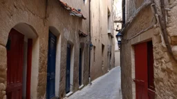 A narrow alley wound between limestone buildings, their walls showing centuries of wear. The eaves almost touched overhead, letting out thin cascades of water in rhythmic intervals. Low doors, some painted in bright colors like red or navy blue, contrasted with the bare facades, while small gas lamps flickered in the doorways, giving the place an air of nostalgia.