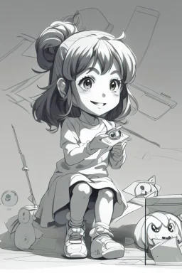 little girl playing with a toy very happy , Colloring page for todlliers ; basic hawali style cartoon , black and white , ink outlines , , smooth , anime style , minimalist , cute eyes , full body , white shose , sketchbook , realistic sketch , free lines , on paper , character sheet , clean line art high detailed