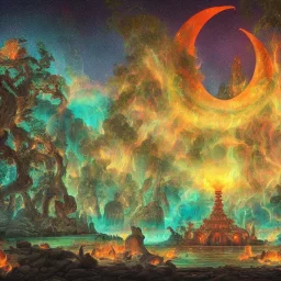 A large and ancient temple made of glowing fire and lava in the middle of a beautiful and large lake full of mermaids with beautiful rainbow-colored tails in the middle of a thick and green forest and surrounded by tall and sturdy trees, complete painting elements And with fine and detailed details, neon color and happy colors, crescent moon and many stars in the sky, painting view from afar, full HD, 8K, 16K, 24K