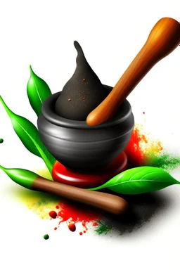 A mortar and pestle made of dark volcanic rock, with vibrant green herbs and a halved red chili pepper being ground together. A wooden spoon leans against the mortar. Style: Abstract, Mood: Aromatic, Lighting: Focused beam of light highlighting the ingredients, T-shirt design graphic, vector, contour, white background.