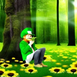 Hungry leprechaun eating daisy environment lush forest