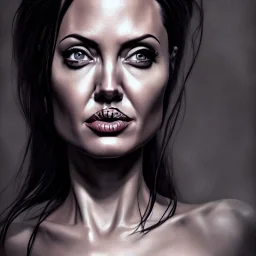 old Angelina Jolie full body by greg rutkowskiб close up film photo, unreal engine, octane render, trending on artstation, highly detailed, studio lighting, professional, professional ominous concept art, by artgerm and greg rutkowski, an intricate, elegant, highly detailed digital painting, concept art, smooth, sharp focus, illustration, in the style of simon stalenhag, wayne barlowe, and igor kieryluk.