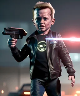 The Terminator toddler, shotgun, full body, dramatic lighting, angry, hyper realistic