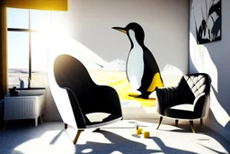 penguin shaped and penguin coloured (black and white) armchair in a modern room, with human feet decorated wallpaper in the background in sunshine