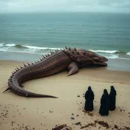 photorealistic, long shot looking down on a beach where a giant, rotting Lovecraftian unworldly eel has washed up onto beach; small huddled group dressed in black robes gawking at it reverentially, cryptid, dramatic, magical realism