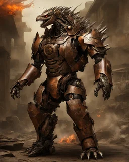 A brave iranian warrior with leather and metal combat clothes robotic metal with Chafee robo godzilla