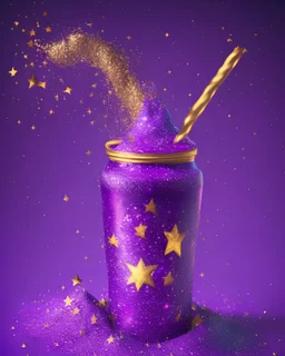 magical vibrant glitter purple wizard drink with gold stars sprinkles inside, background with magical elements vaporwave
