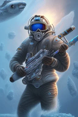 diver like a iceman,with the gun,hi quality detail,hi quality textures,cinematic,realistic,aggressive,cosmic