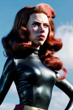 retro portrait image from 1960, sky background, wind, long red hair, fighting stance, sweet young Scarlett Johansson, black dress, classic long tight lycra black suit, gold bracelet and belt, high heel boots, superhero style, soft color, highly detailed, unreal engine 5, ray tracing, RTX, lumen lighting, ultra detail, volumetric lighting, 3d, finely drawn, high definition, high resolution.