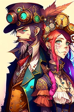 anime couple, steampunk , colorful, man with beard