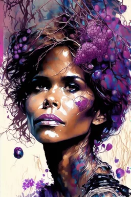 Portrait of gorgeous young Halle Berry surrounded by berries by Awwchang and James Christensen and CGSociety and Carne Griffiths and Minjae Lee, fun background, Lou Xaz