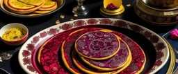 Dark magenta cosmic pancakes designed in Bayeux tapestry painted by Giovanni Battista Sassi