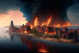 Dutch island city with walls on fire in the distance