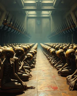 Bosch painting style ,nightmare, a lot of aliens prisoners sitting on the floor and bowing in rows with hands tight to the back and heads down in front of you with many arms guards with weapons in the background