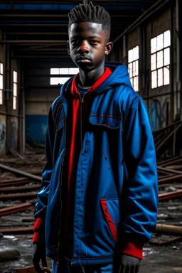 An 18-year-old boy with a completely dark black face, sharp red eyes like Spider-Man's, and wearing a blue WindowLine jacket, standing behind an abandoned factory.