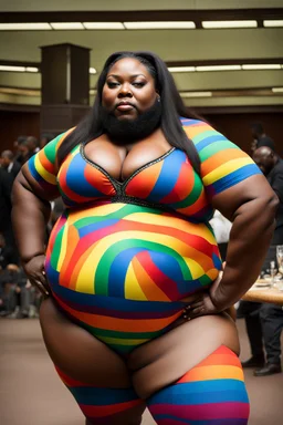 Massively obese black woman with a beard wearing a skin-tight rainbow leotard. Photograph.