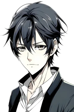 Anime man with tied black hair, black eyes and a white background