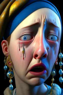 Portrait Painting Of A Very Beautiful Woman, crying eyes, Girl with a Pearl Earring, 30 years old, Awesome Pose, turning her head., Tears in his eyes, Character Design By Mark Ryden And Pixar And Hayao Miyazaki, Unreal 5, Daz, Hyperrealistic, Octane Render, Dynamic Lighting, Volumetric lighting, Intricate Detail, Summer Vibrancy, Cinematic