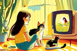 brunette girl watching tv with a cat, children's book illustration in style of Brigette Barrager, Sven Nordqvist and Nicole Rubel in sunshine