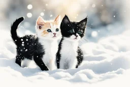 black and white chibi kittens playing in the snow in the sunshine, watercolor and black ink outlines, sparkling golden glitter, ethereal, cinematic postprocessing, bokeh, dof