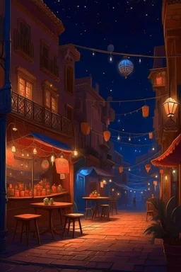 Tafraout Tiznit, vibrant night scene, detailed, hyper-realistic, lantern-lit streets, starry sky, music from a nearby cafe, aroma of street food,