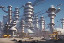 apes at work in turbine construction factory cartoon illustration , high definition insane details, steam and smog around, vintage