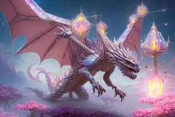 one big crystal dragon in a galactic ambiance with a very little Crystal flowers, transparent petals, delicate colors, in the foreground, full of details, smooth, bright sunshine，soft light atmosphere, light effect，vaporwave colorful, concept art, smooth, extremely sharp detail, finely tuned detail, ultra high definition, 8 k, unreal engine 5, ultra sharp focus, fibonacci, golden ratio, golden mean, bosch