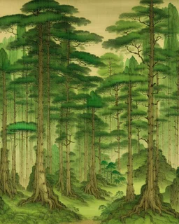 A green forest with giant trees painted by Guo Xi