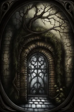 magic building, round windows, door, brickwork, ornament of branches and leaves, mysticism, fantasy, Gothic detailing, grunge canvas, oil, magic, fantasy, soft illumination, haze, ink, fine drawing, megadetalization, megarealism, drawing in colored ink, dark tones