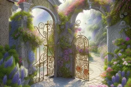 intricate ornate gate, garden, path, flowers, fine detail, high quality, water color, mystical,