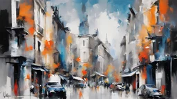 abstract oil painting: city Paris buildings, gray-black-white-blue colors New York. Willem Haenraets artistic style, Derek Gores, Highly Detailed, Afremov, colorful in Kal Gajoum style