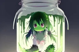 moody anime girl, scared face trapped in a jar with slime, feet point view,