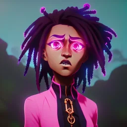 Ekari is a black girl with dreadlock hair big neon pink eyes