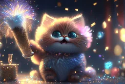 cute fluffy pixar chibi cat, new years eve scene, champagne, twisted serpentine, fireworks Weight:1 detailed matte painting, deep color, fantastical, intricate detail, splash screen, complementary colors, fantasy concept art, 8k resolution trending on Artstation Unreal Engine 5 Weight:0.9