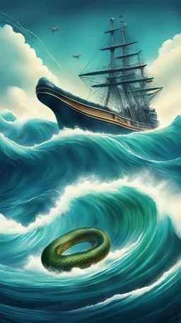 A giant Anaconda attacking a bigger than a sailing ship in the ocean among the wave